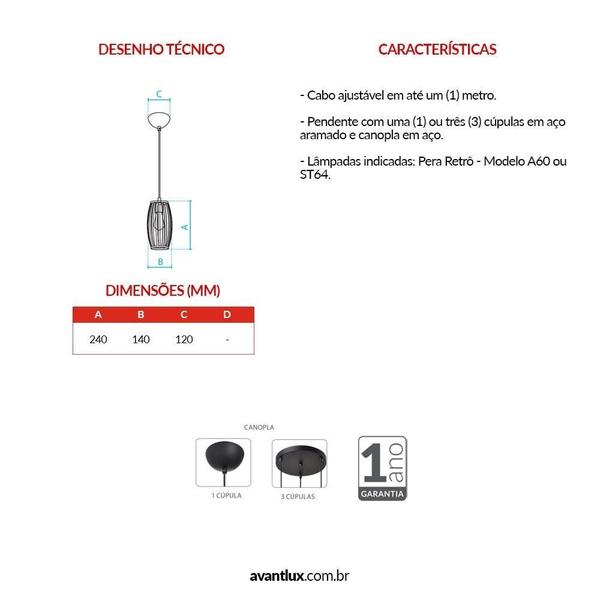 Imagem de Pendente de Aço Dolium para 1 Lâmpada Preto Fosco E27 Avant