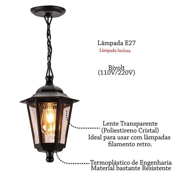 Imagem de Pendente Externo Vintage Preto Lente Transp. Lup39 + Led