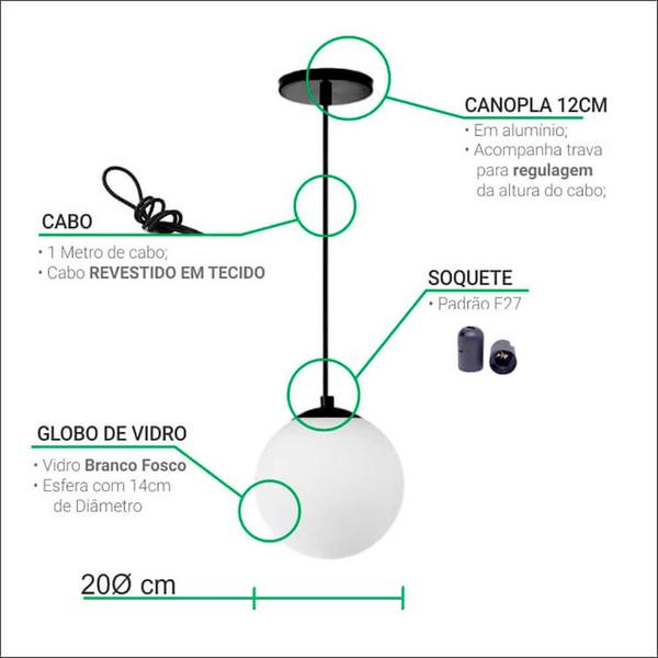 Imagem de Pendente Globo Esfera de Vidro Branco Fosco 20cm - BRANCO