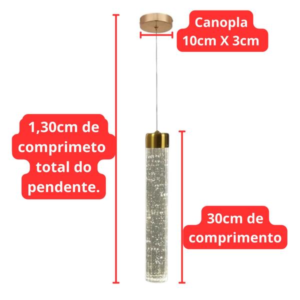 Imagem de Pendente Led Tubo Luxo Brilhante 30cm Redondo Cristal Bolhas 5w Dourado 3 Cor de Luz 8109