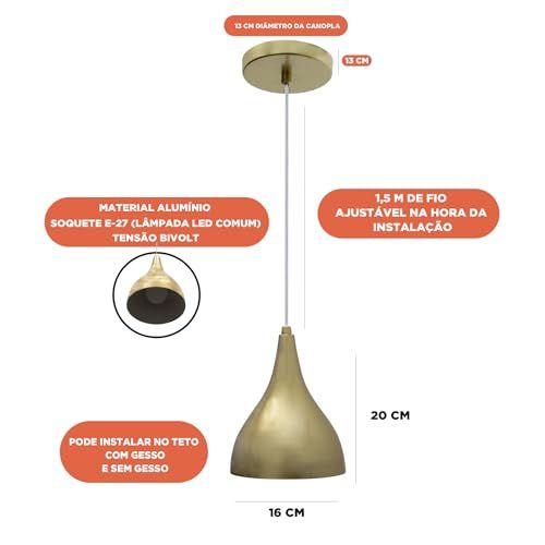 Imagem de Pendente Luminária de Teto de Alumínio Com Lâmpada Branco Quente Bivolt - DOURADO