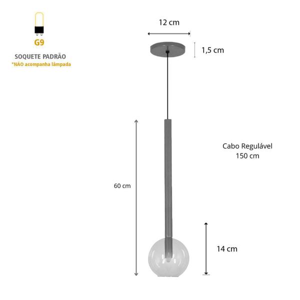 Imagem de Pendente Luminária Teto Lustre Tubo Globo Vidro 14Cm Prata