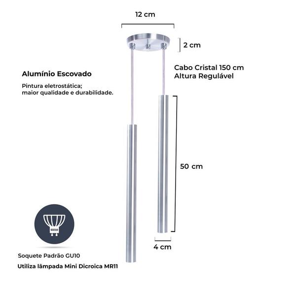 Imagem de Pendente Luminária Tubo Alumínio Escovado 50 Cm - Duplo  + Lâmpada LED Branco Frio