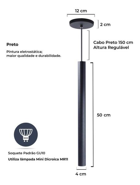 Imagem de Pendente Luminária Tubo Preto 50 Cm + Lâmpada LED Branco Quente