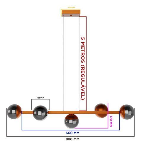 Imagem de Pendente Lustre de Teto Elegance Jabuticaba Com Fio 1,5 metro Bivolt Alumínio Com 5 Globos Vidro - COBREFUME