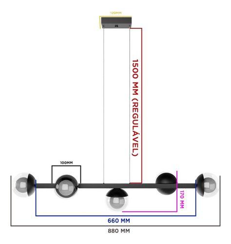 Imagem de Pendente Lustre de Teto Elegance Jabuticaba Com Fio 1,5 metro Bivolt Alumínio Com 5 Globos Vidro - PRETOTRANSP