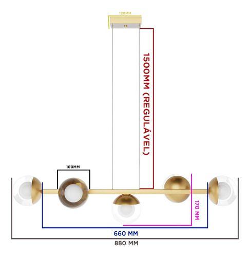 Imagem de Pendente Lustre de Teto Elegance Jabuticaba Com Fio 1,5 metro Com 5 Globos Vidro - DOURADOTRANSP