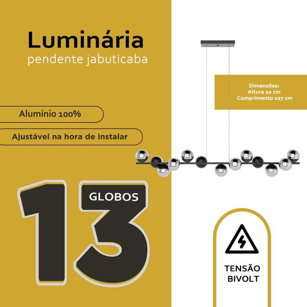 Imagem de  Pendente lustre de Teto Jabuticaba Fio de 1,5m Com 13 Globos de Vidro Fume Bivolt - PRETO