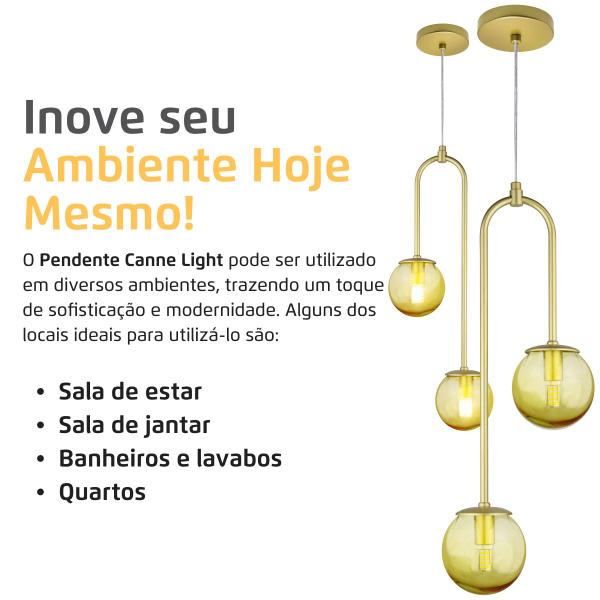 Imagem de Pendente Lustre Luminária Dourado Canne Globo Vidro Ambar