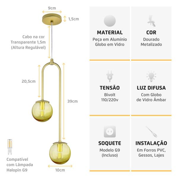 Imagem de Pendente Lustre Luminária Dourado Canne Globo Vidro Ambar