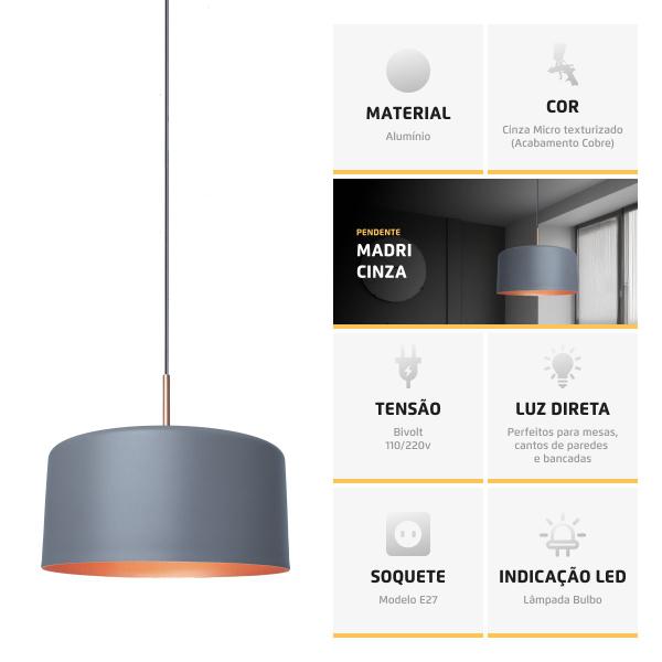 Imagem de Pendente Lustre Luminária Madri Cinza