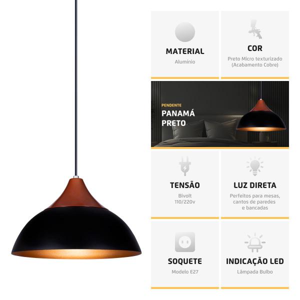 Imagem de Pendente Lustre Luminária Panama Preto C/Topo Cobre