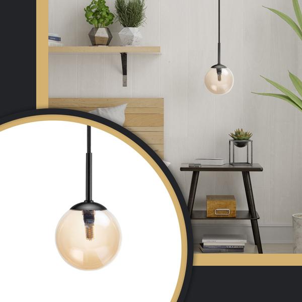 Imagem de Pendente Lustre Luminaria Tulipa Ambar Preto Aluminio Vidro Palacio