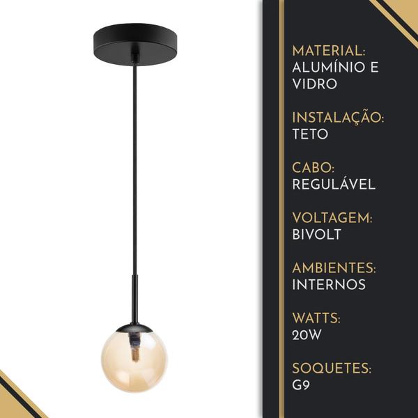 Imagem de Pendente Lustre Luminaria Tulipa Ambar Preto Aluminio Vidro Palacio