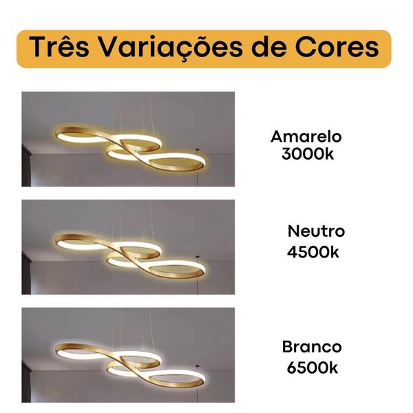 Imagem de Pendente Lustre Moderno De Led Crest Dourado Bivolt 3 Cores Em 1 Altura Ajustável