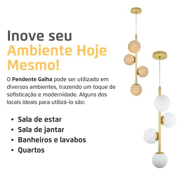 Imagem de Pendente Lustre Moderno Galha Dourado 4 Globos Branco Fosco