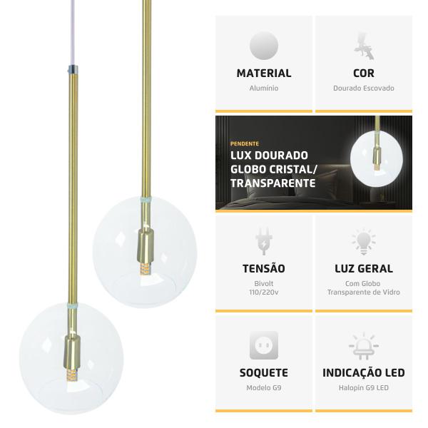 Imagem de Pendente Lux Duplo Dourado Globo Vidro Cristal + Led