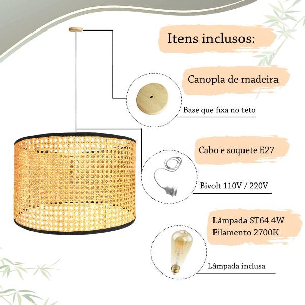 Imagem de Pendente Palha Indiana Fibra Natural 50X30 Nat86 + Led