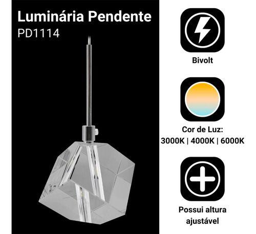 Imagem de Pendente Prata Cubo Gelo Cristal  Led 3 Cores Luz Charme