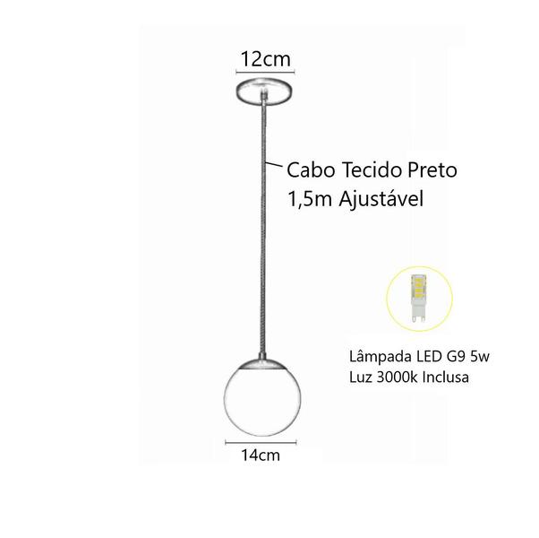 Imagem de Pendente Preto P/ Bancada Cozinha Cabeceira De Cama + Led