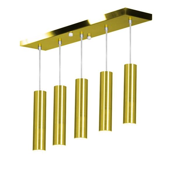 Imagem de Pendente Quintuplo Tubo Cilindro Dourado 30Cm + Led 6k