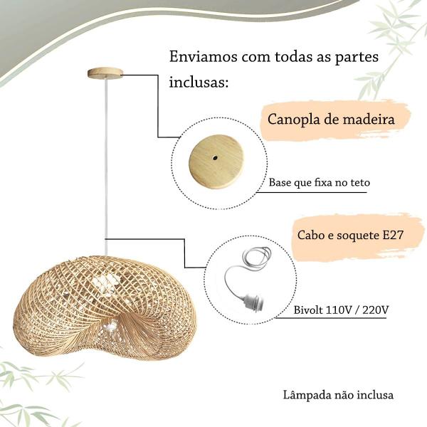 Imagem de Pendente Rattan Em Fibra Natural Boho Bancada Sala E27 Nat70