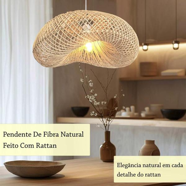 Imagem de Pendente Rattan Em Fibra Natural Boho Bancada Sala E27 Nat70