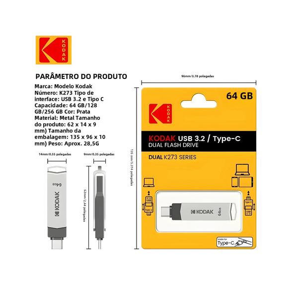 Imagem de Pendrive Kodak USB 3.2 Tipo-C - Alta Velocidade (256GB, 128GB, 32GB)