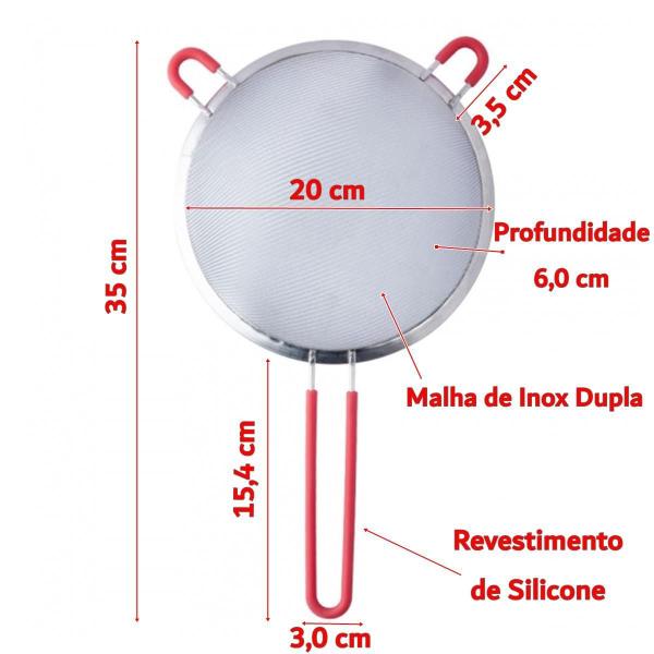 Imagem de Peneira Aço Inox Grande Cabo Silicone 20Cm Malha Fina Dupla