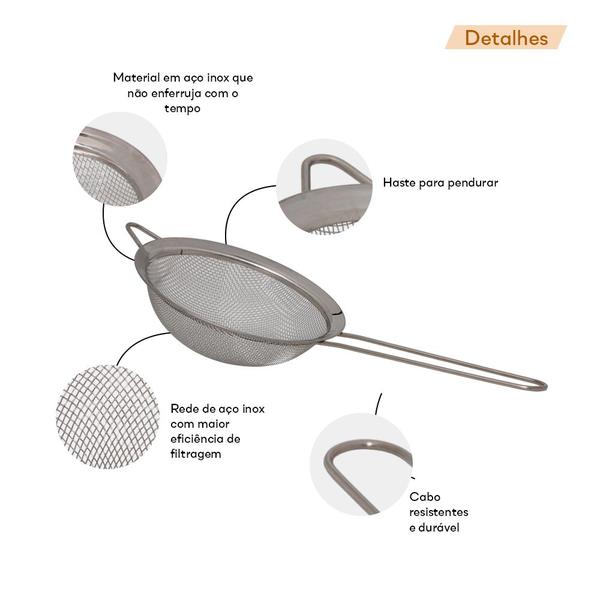 Imagem de Peneira Inox Cozinha 10cm Com Cabo Resistente Pequena