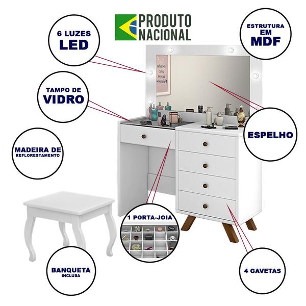 Imagem de Penteadeira Camarim com Banqueta Espelho e Luzes Led Luna Branco