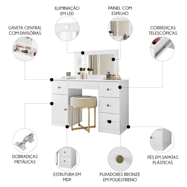 Imagem de Penteadeira Camarim Com Espelho 5 Gavetas Nancy M07 Branco - Mpozenato