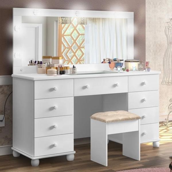 Penteadeira Camarim Escrivaninha 9 Gavetas Espelho E Led Com Banqueta Moderna Decorativa -... Penteadeira Camarim Escrivaninha 9 Gavetas Espelho E Led Com Banqueta Moderna Decorativa -...