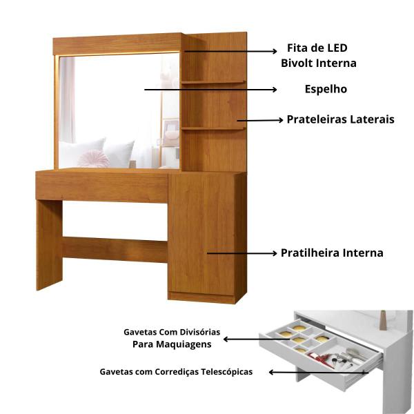 Imagem de Penteadeira Camarim Londres 1 Porta 1 Gaveta 1 Espelho com Fita Led Bivolt