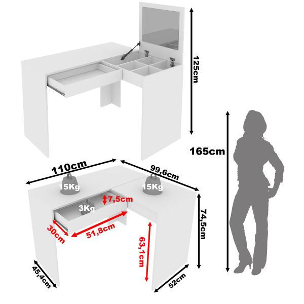 Imagem de Penteadeira/Escrivaninha de Canto 110cm com Espelho e 1 Gaveta Multimóveis CR25279
