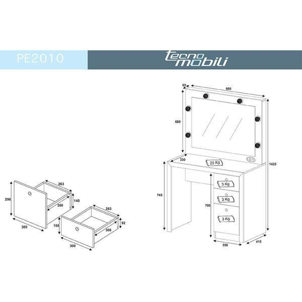 Imagem de Penteadeira PE-2010 c/ 3 Gavetas e Espelho Branco - Tecno Mobili