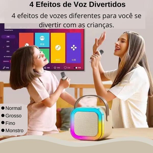 Imagem de Pequeno portátil Bluetooth microfone karaoke caixa de som, Luzes LED dinâmicas embutidas, com 2 microfone sem fio, para infantil adultos familiares