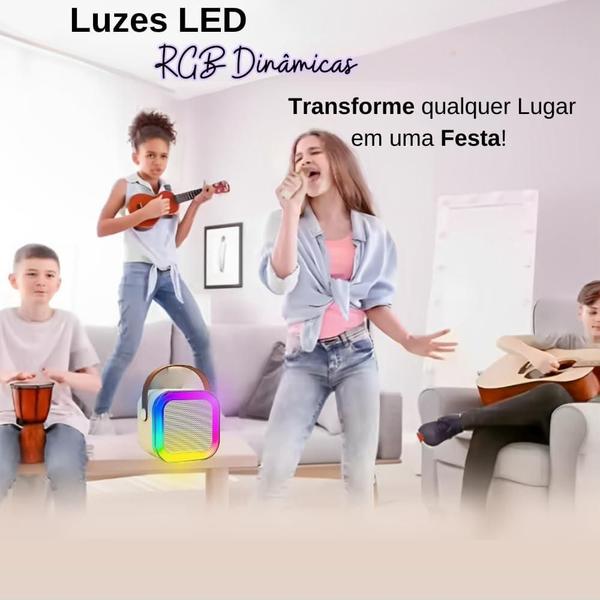 Imagem de Pequeno portátil Bluetooth microfone karaoke caixa de som, Luzes LED dinâmicas embutidas, com 2 microfone sem fio, para infantil adultos familiares