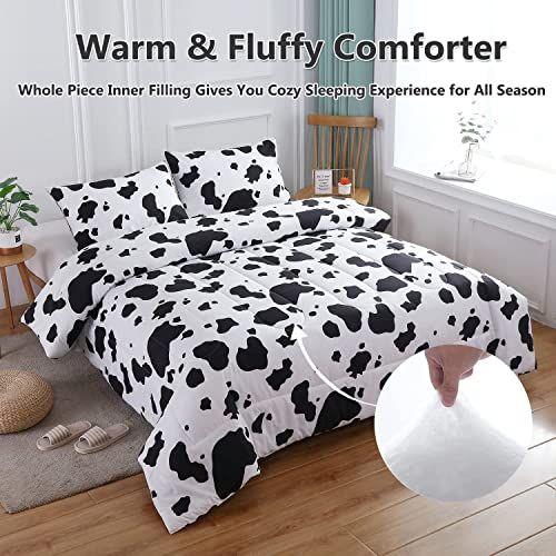 Imagem de PERFEMET Cow Print Cama Consolador Conjunto Queen Size Preto e Branco Reversível Roupa de Cama Quadrimida Geométrica Para Crianças Adolescentes Meninos Rústico Animal Cowhide Padrão De Cama Conjunto de Colcha