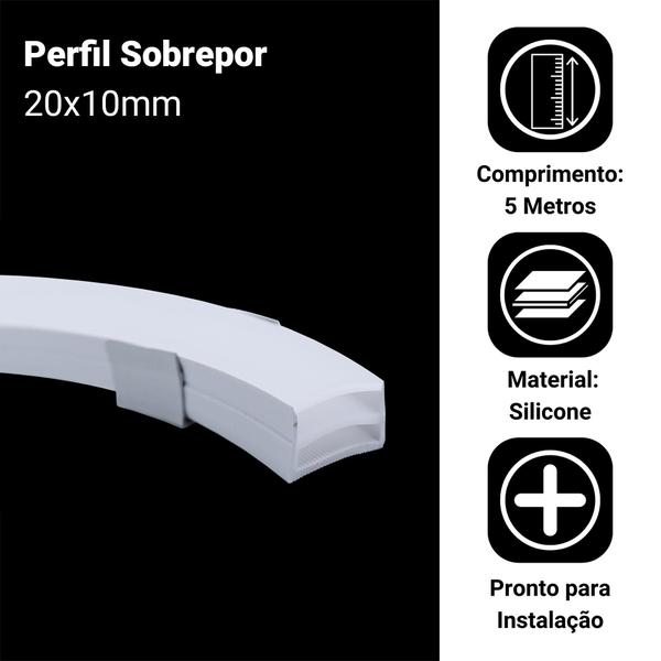 Imagem de Perfil 5m Sobrepor 20x10mm Flexível Silicone Para Fita Led