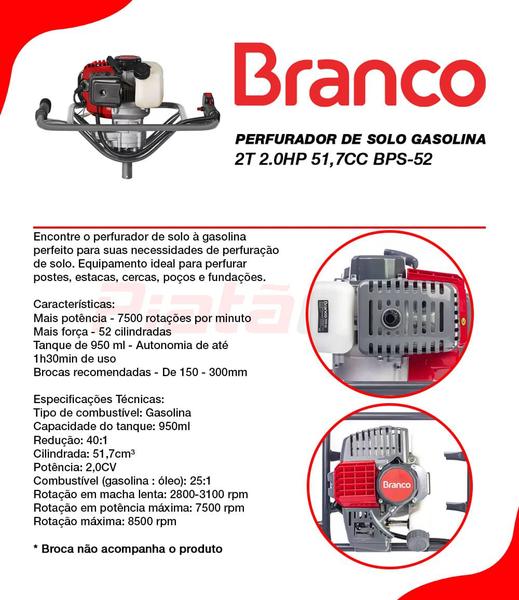 Imagem de Perfurador de Solo Gasolina 2t 2.0Hp 51,7cc Bps-52 - Branco