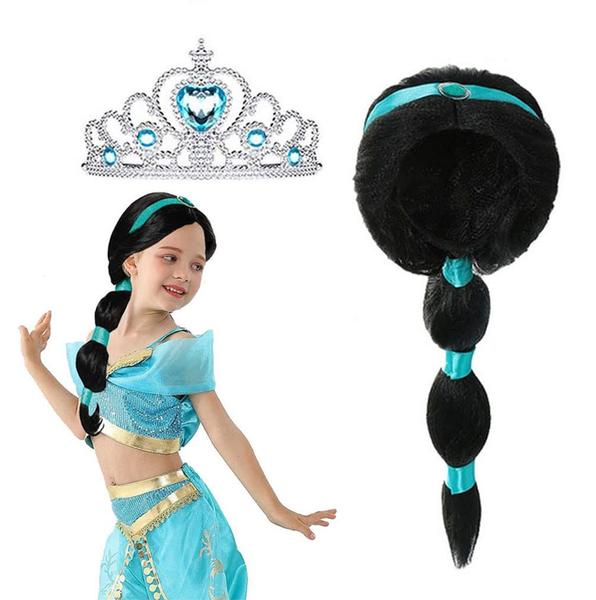 Imagem de Peruca princesa árabe para meninas Jasmine Braid com princesa Tiara Princesa Vestir Fantasia Cosplay Acessórios de Halloween para crianças