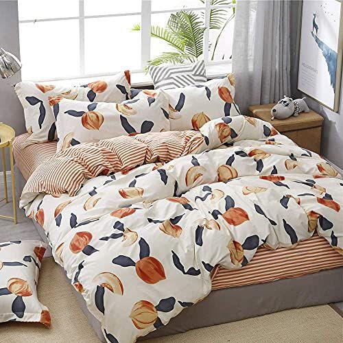 Imagem de Pêssego Cama Conjunto Queen Size para Meninas Adolescentes Bonito Sala de Frutas Capa de Edredom Reversível Design Kawaii Fresh Peaches Comforter Capa Cartoon Fruit Stripes Colchão, 1 capa de edredom +2 fronhas