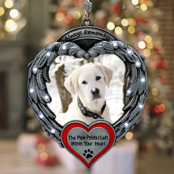 Imagem de Pet Memorial Photo Ornament - Lembre-se sempre das impressões de patas que deixei dentro do seu coração - Angel Wings Picture Christmas Ornament - Perda de lembrança de um enfeite de animal de estimação - Conjunto de 3 - Presente / Saco de armazenam