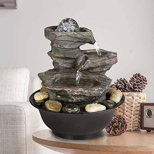 Imagem de Peterivan 4-Tier Cascading Resin-Rock Falls Tabletop Water Fountain - 11 2/5 "Pequeno Recurso de Cachoeira de Relaxamento com Luzes LED & Bola, Fonte de Mesa Decorativa Oudoor Interior para Alívio do Estresse