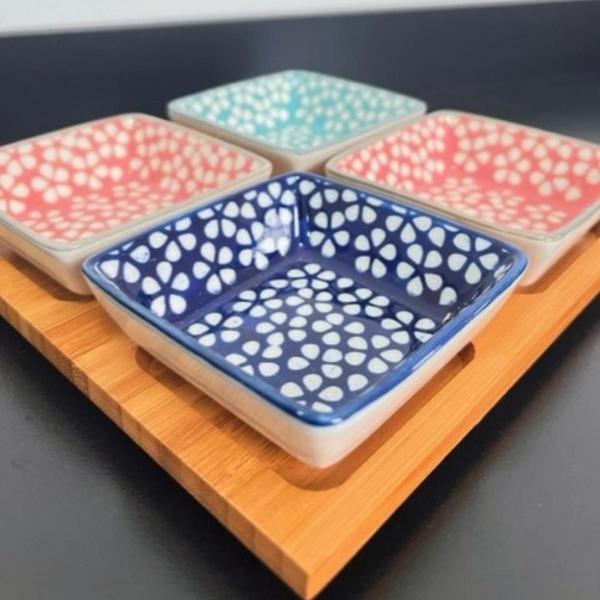 Imagem de Petisqueira de bamboo e ceramica com 4 bowls