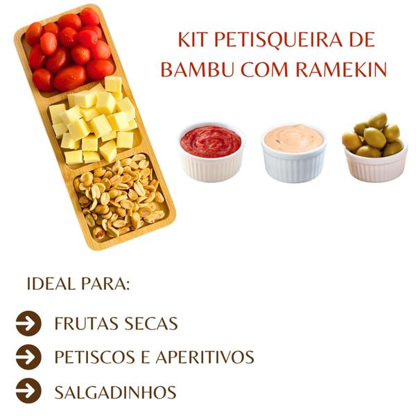 Imagem de Petisqueira de Bambu Tábua de Frios Kit Petisqueira Ramequim de Porcelana Kit 5 Peças