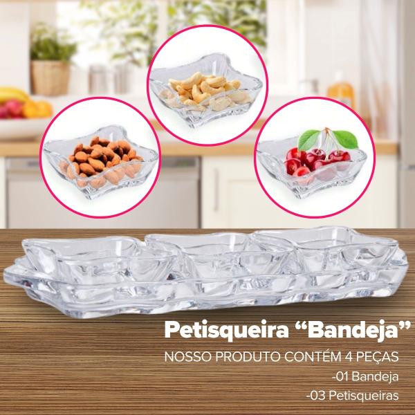 Imagem de Petisqueira de Vidro Bandeja c/ 4 Peças Amendoim Petiscos Decoração de Mesa Luxo Material Resistente