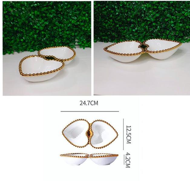 Petisqueira Divisórias Dupla ou Tripla em Cerâmica Branco Alto Brilho Design de Coração, Detalhes em Dourado - RIO TIJUCAS Imagem de Petisqueira Divisórias Dupla ou Tripla em Cerâmica Branco Alto Brilho Design de Coração, Detalhes em Dourado