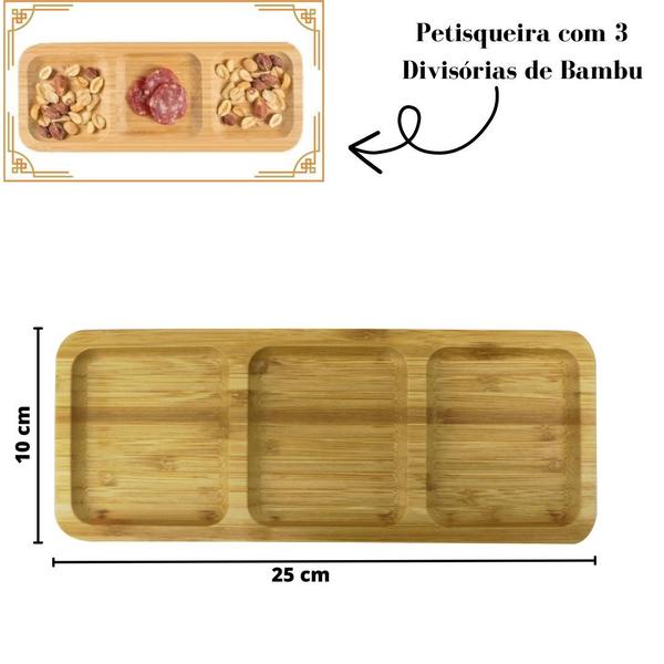 Imagem de Petisqueira em bambu retangular com 3 divisórias 25x10cm